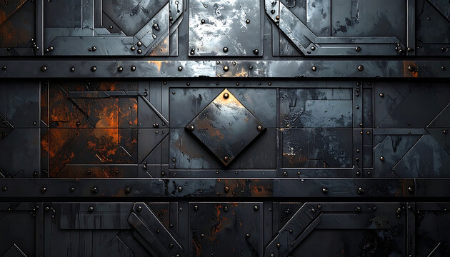 Industrial metallic panel texture with rust and scratches, abstract background for sci-fi or grunge design