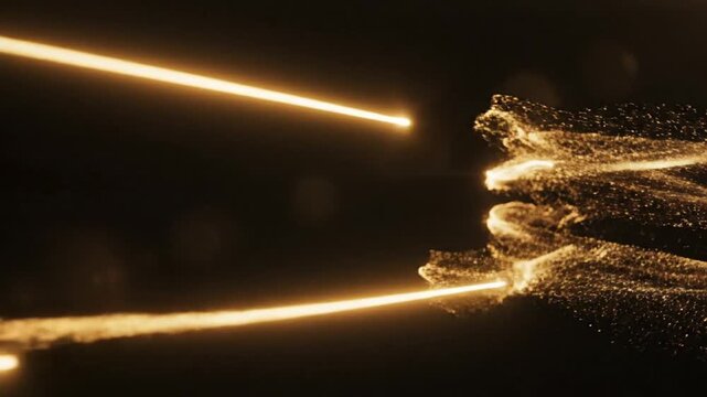 Abstract golden energy particles colliding and exploding with bright light trails against a dark background