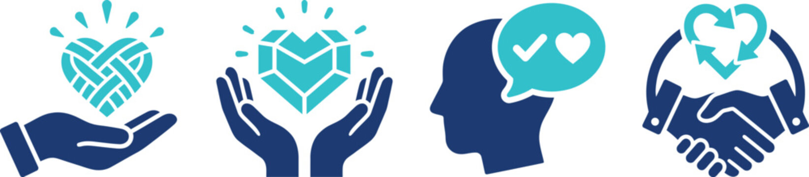 A collection of four flat vector icons featuring hands, hearts, and human silhouettes, representing themes of charity, corporate social responsibility, community support, and ethical partnership.