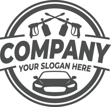 A monochrome vector logo design for car wash and auto detailing services, featuring a front-facing car silhouette framed by crossed spray guns within a circular border.