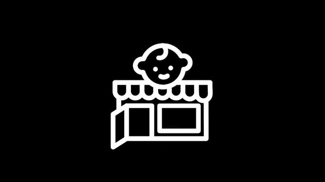 Baby store icon with happy child face above the storefront awning
