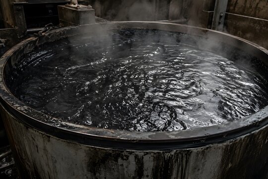 Large Industrial Vat Filled With Liquid Vulcanized Rubber And Steam Rising In Factory Manufacturing Plant
