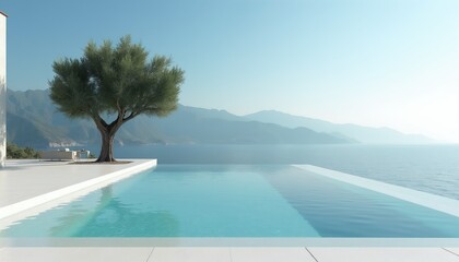 Obraz premium Modern villa with infinity pool overlooks calm ocean and hazy mountains. An old olive tree stands near white sofa on terrace. Bright sky above water landscape.