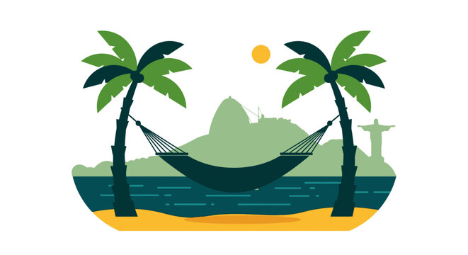 Tropical beach hammock between palm trees illustration.
