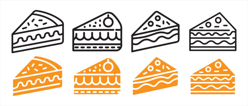 Set of cake slice icons featuring minimalist line art designs in black and orange colors.