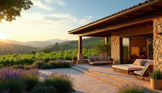 Stone villa patio offers luxury relaxation. Vineyards spread across rolling hills. Sunset lights up the serene landscape. Outdoor furniture invites rest and enjoyment of nature.