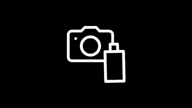 Simple white outline icon of a camera next to a film roll on a black background