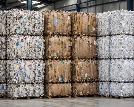 Neatly organized bales of recycled paper and cardboard ready for processing in circular economy facility