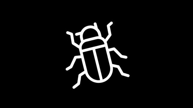 Simple white beetle icon on a black background, minimalist insect graphic
