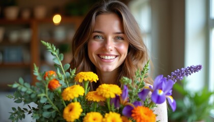 Fototapeta premium Young woman smiles holding colorful spring flower bouquet indoors. Fresh floral arrangement with yellow orange flowers and purple iris. Happy female with natural beauty.