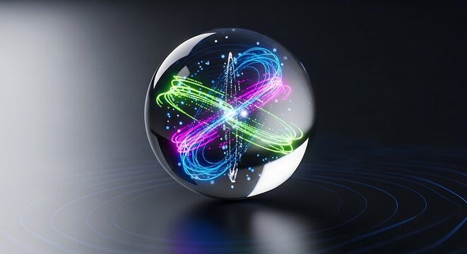 A glowing neon sphere with green, blue, and pink lights sits on a dark surface with a subtle gradient background.
