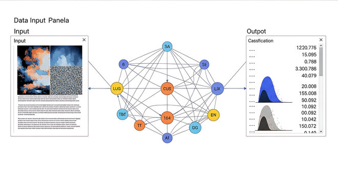 Abstract data visualization of a neural network processing image inputs and generating statistical classification outputs