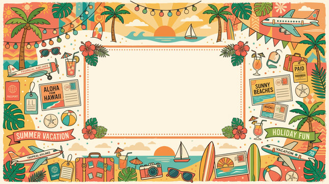 Summer vacation retro background, tropical travel elements, vintage airline graphics, palm trees, postcards and colorful holiday decorations around edges, large empty center for promotional content, f