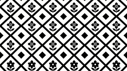 Intricate black and white diamond tessellation pattern with fleur-de-lis heraldic motifs for decorative textile and wallpaper design. © pixmastock