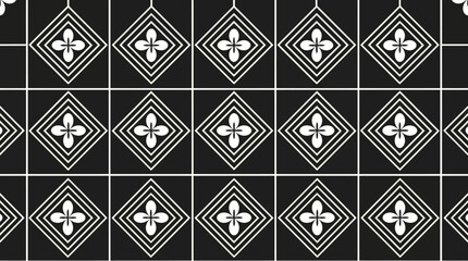 Monochrome geometric tile pattern featuring repeating diamond motifs and fleur-de-lis accents in a black and white grid. © pixmastock