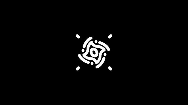 Abstract white swirling lines and dots forming a circular pattern on black background