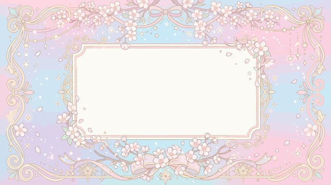Shoujo anime inspired background, delicate cherry blossoms, dreamy sparkles, decorative stars and elegant manga-inspired ornaments framing a large center copy space, soft pastel colors, flat vector il