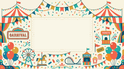 Retro carnival flat vector background, circus tent corners, bunting flags, confetti, balloons and decorative carnival elements positioned around the frame, spacious copy space in center, clean minimal © Maftuh