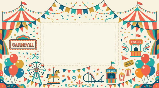 Retro carnival flat vector background, circus tent corners, bunting flags, confetti, balloons and decorative carnival elements positioned around the frame, spacious copy space in center, clean minimal