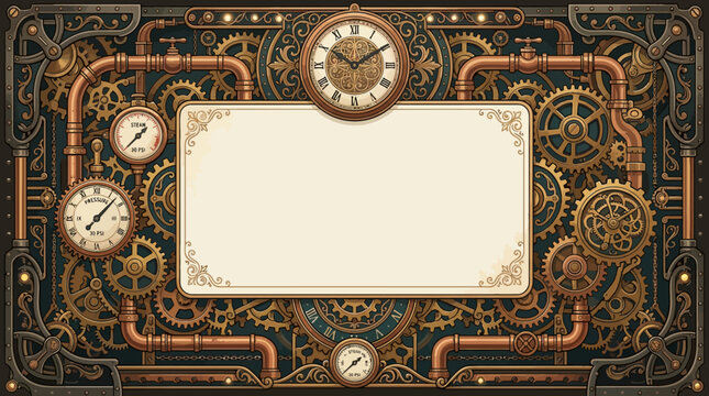 Luxury steampunk copy space background, sophisticated clockwork mechanisms, copper pipes, pressure gauges, decorative gear patterns and Victorian-inspired mechanical details surrounding a spacious cen