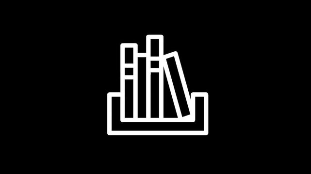 Simple white line art icon of books in a shelf on a black background