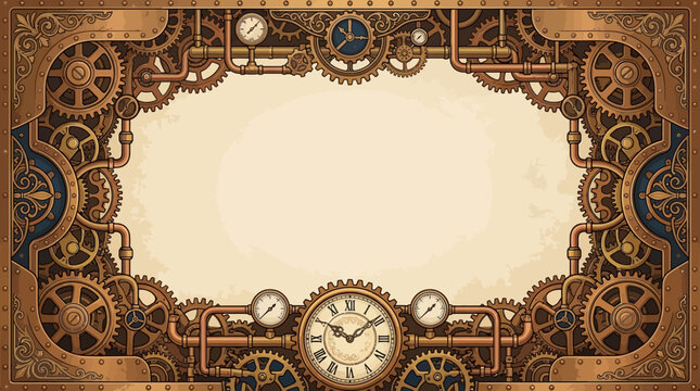 Steampunk flat vector background, intricate gears, vintage clocks, mechanical cogs, brass pipes, pressure gauges, riveted metal plates, Victorian industrial ornaments framing the edges, large empty ce