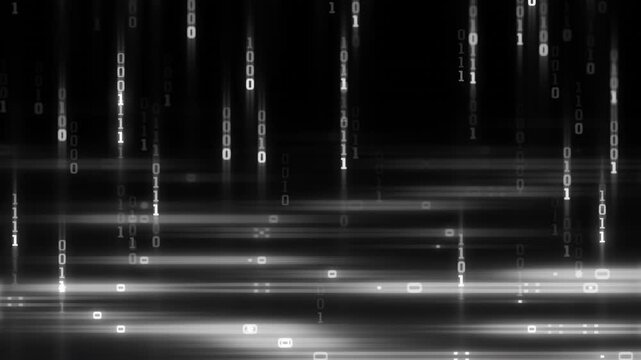 Abstract Animation Loop of Binary Code Streaming Down with a Matrix Rain Effect and Flowing Data Patterns. Animated black and white background for cybersecurity, blockchain and AI technology concepts.