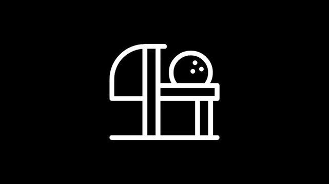 Stylized white line art icon of a bowling ball on a rack against a black background