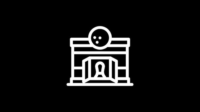 Bowling alley building icon with bowling ball and pins on a black background