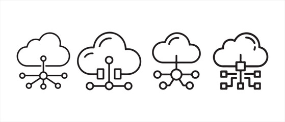 Fototapeta premium Set of cloud computing network connection icons with digital lines and nodes representing data storage and technology communication systems.