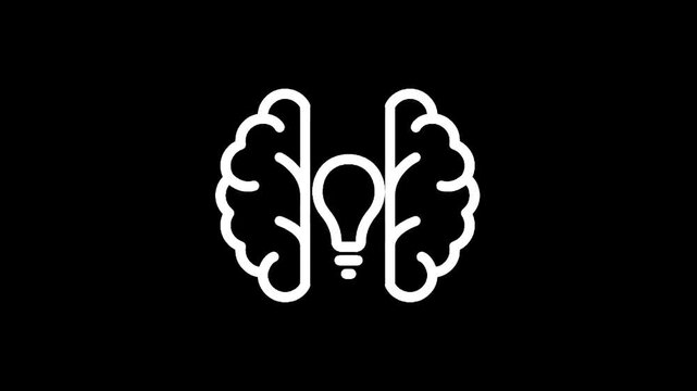 White outline of a brain with a lightbulb inside on a black background