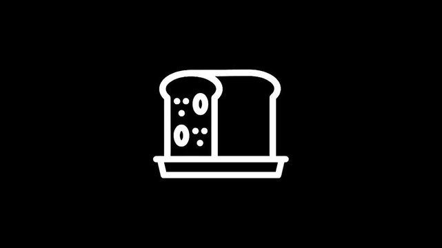 Simple line art icon of two slices of bread in a toaster slot on a black background