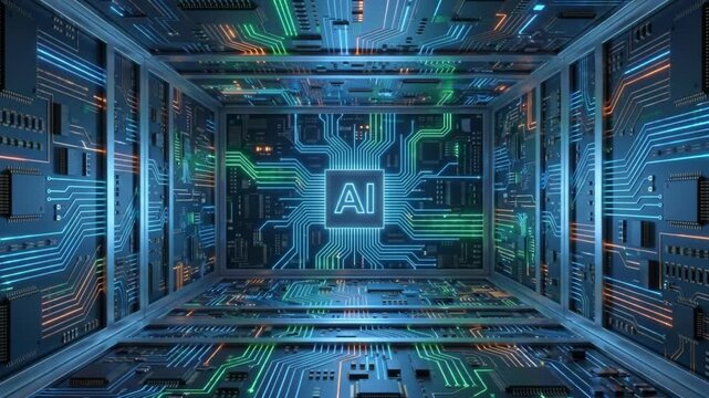 スマートフォンの電子回路で囲まれた立方体の部屋が起動して光るループアニメーション