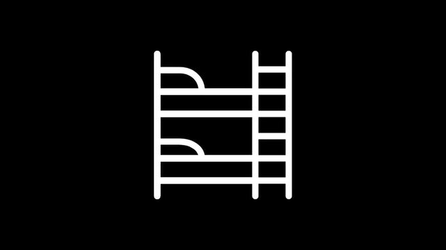 Simple white line icon of a three-tier bunk bed with a ladder on a black background