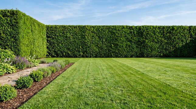 Manicured green lawn with tall privacy hedge, professional landscaping in backyard garden, lush grass field with decorative shrub border and blue sky