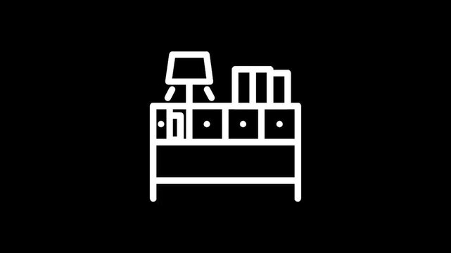 Minimalist white line art of a dresser with books and a lamp on a black background