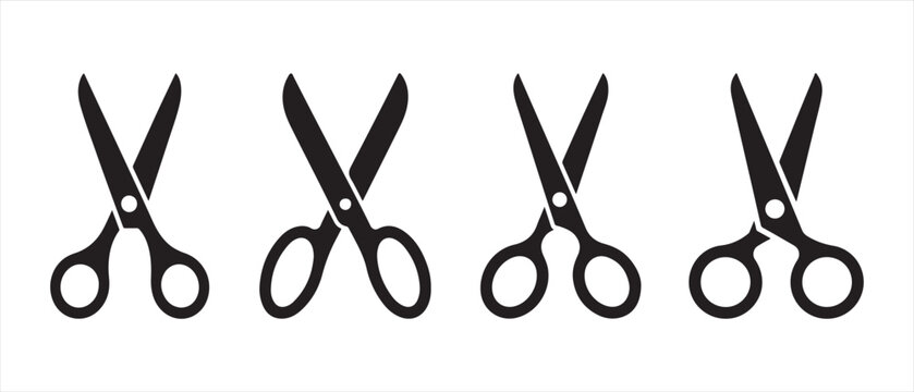 Set of four black scissors icons for cutting and craft tools.