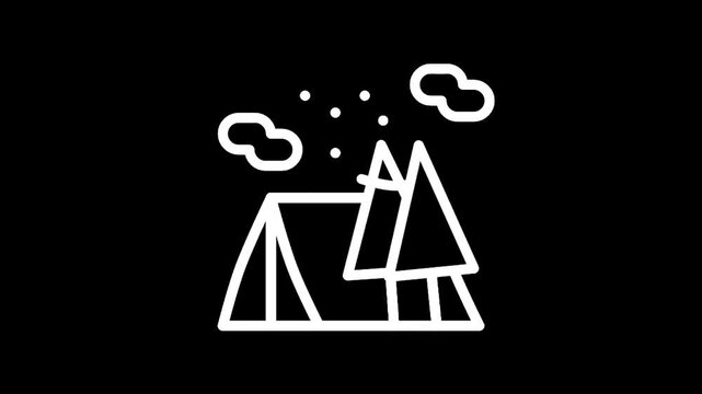 Minimalist line art of a tent pitched in a forest with clouds and stars