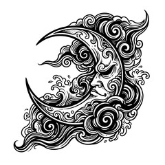 Fototapeta premium Crescent moon face with swirling clouds, black and white illustration