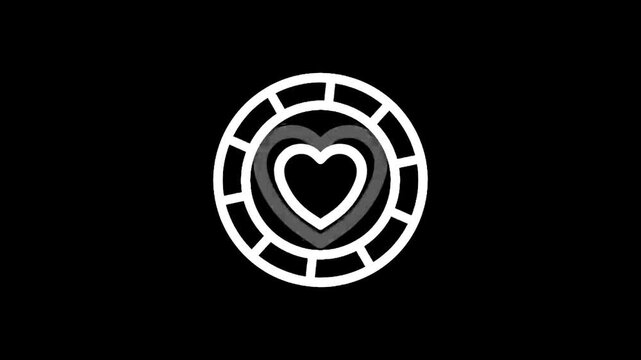 White outline of a poker chip with a heart symbol on a black background