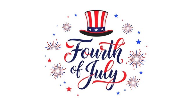 Fourth of july lettering with uncle sam hat and fireworks patriotic design