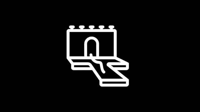 Stylized white icon of a film projector with a film reel and screen on a black background