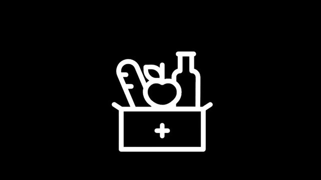 Icon of a grocery box with bread, apple, and bottle on a black background