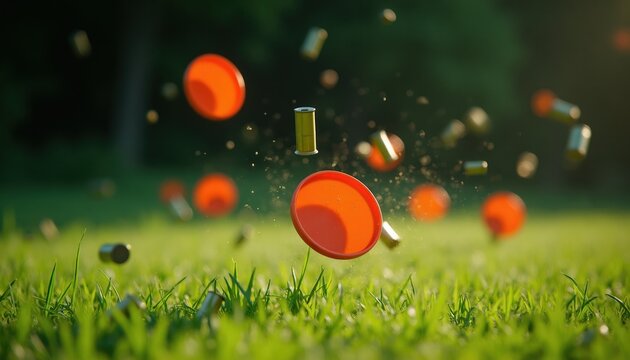 Orange clay pigeons and spent shotgun shells fly through air over green grass. Action shot of sport shooting targets exploding in mid flight after being fired at outdoor range.