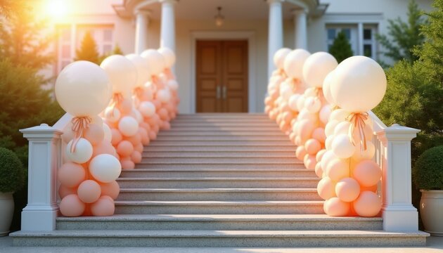 Elegant staircase entrance decorated with balloon columns for a grand event. Pastel colored balloons line outdoor stpic leading to house doors. Sunny day celebrates special occasion.