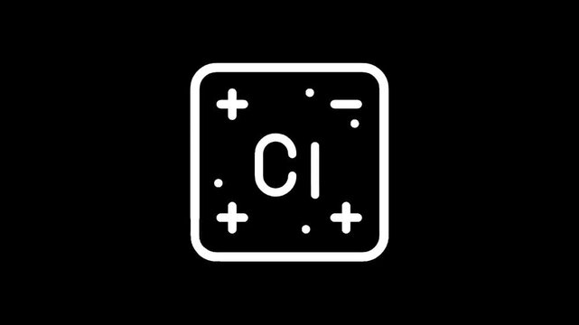 Periodic table element symbol for chlorine, atomic number 17, clean white icon on black