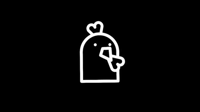 Minimalist white chicken icon with a heart comb on a black background