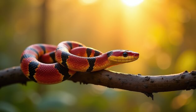 Scarlet snake with black and yellow bands rests on a branch during sunset. Reptile with red head and eyes looks alert in warm golden hour light. Animal is coiled on wood.