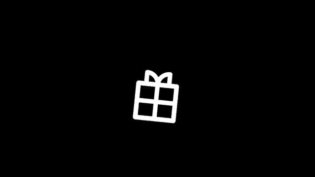 Simple white gift box icon with ribbon on a black background, minimalist design