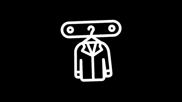 Simple line art icon of a suit jacket hanging on a hanger against a black background